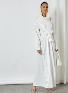 اشتري فستان بتصميم سادة ومحتشم مزين بأكمام طويلة ورقبة مستديرة الشكل أبيض في السعودية