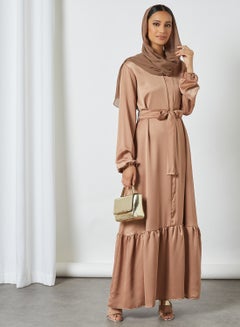 Buy Solid Long Sleeves Collared Neck Modest Dress Brown in Saudi Arabia