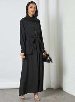 اشتري فستان بتصميم سادة ومحتشم مزين بأكمام طويلة ورقبة مستديرة الشكل أسود في السعودية