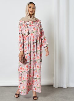 Buy Floral Printed Long Sleeves Henley Neck Modest Dress Multicolour in Saudi Arabia
