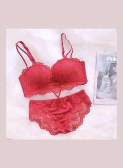 Buy Comfy Solid Colour Lace Thin Bra Panty Set Red in Saudi Arabia