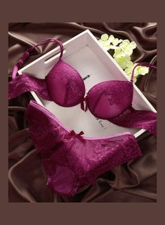 Buy Comfy Solid Colour Lace Thin Bra Panty Set Purple in UAE