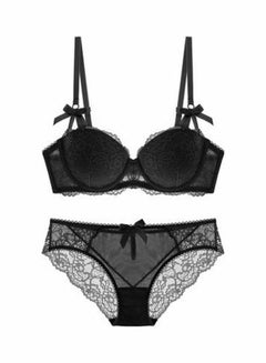 Buy Women's Comfy Solid Colour Lace 3/4 Cup Bra and Panty Set Black in Saudi Arabia