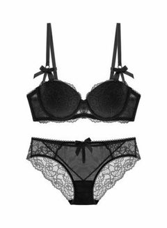 Buy Women's Comfy Solid Colour Lace 3/4 Cup Bra and Panty Set Black in UAE