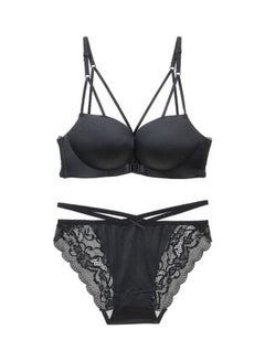 Buy Women's Comfy Solid Colour Lace 3/4 Cup Bra and Panty Set Black in Saudi Arabia