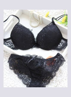 Buy Women's Comfy Solid Colour Lace 3/4 Cup Bra and Panty Set Black in Saudi Arabia