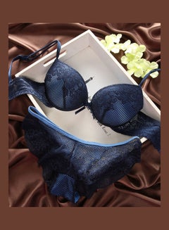 Buy Women's Comfy Solid Colour Lace 3/4 Cup Bra and Panty Set Blue in Saudi Arabia