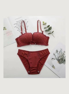 Buy Women's Comfy Solid Colour Lace 3/4 Cup Bra and Panty Set Red in Saudi Arabia