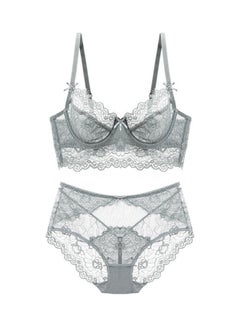 Buy Women's Comfy Solid Colour Lace 3/4 Cup Bra and Panty Set Grey in Saudi Arabia