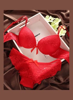 Buy Women's Comfy Solid Colour Lace 3/4 Cup Bra and Panty Set Red in Saudi Arabia