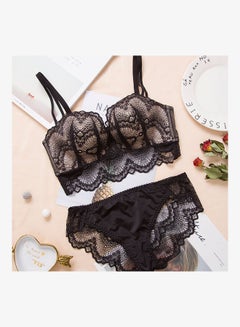 Buy Comfy Solid Colour Lace Thin Bra Panty Set Black in UAE