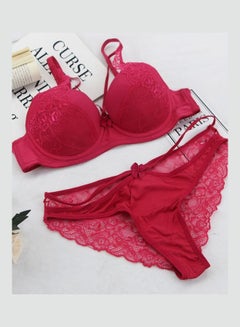 Buy 2-Piece Lace Patched Push Up Bra Set Red in UAE