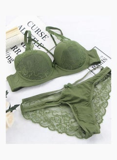 Buy 2-Piece Lace Patched Push Up Bra Set Green in UAE