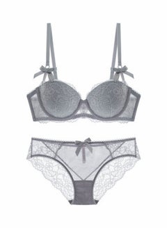 Buy Comfy Solid Colour Lace Thin Bra Panty Set Grey in UAE