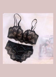 Buy Comfy Solid Colour Lace Thin Bra Panty Set Black/Beige in Saudi Arabia