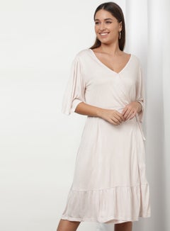 Buy Basic Plain V-Neck Flared Sleeves Dress Beige in UAE