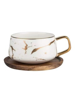 Buy Matte Ceramic Marble Cup With Wood Saucer White/Gold in Saudi Arabia