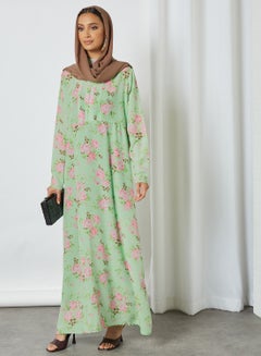 اشتري فستان بسيط متوسط الطول بأكمام طويلة ورقبة عالية مزين بطبعة زهور متعدد الألوان في السعودية