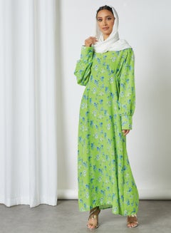 Buy Floral Printed Long Sleeves Round Neck Modest Dress Green/Blue in Saudi Arabia