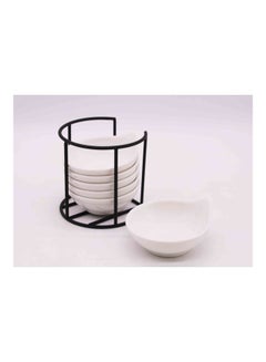 Buy 6-Piece Ceramic Dish Set With Metal Rack Black/White 10.5 x 10.5 x 8.5cm in UAE