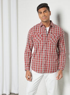 Buy Checkered Pattern Pocket Detail Regular Fit Collared Neck Shirt Red/Beige/Black in Saudi Arabia