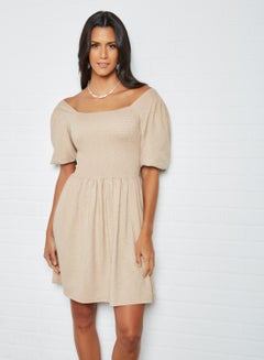 Buy Smock Mini Dress Beige in Saudi Arabia