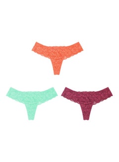 Buy 3-Piece Lace Pattern Thong Underwear Set Multicolour in Saudi Arabia