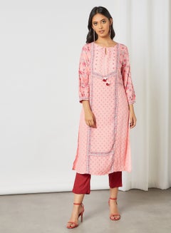 Buy Tie-Up Neck Printed Kurta Pink in UAE