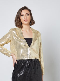 Buy Sequin Pattern Collar Neck Blazer Beige Solid in Saudi Arabia