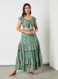 Buy Printed Ruffle Detail Lehenga Sage Green in UAE