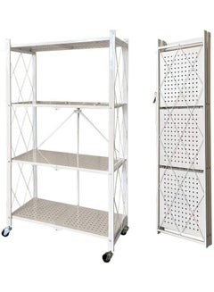 Buy 4-Tier Foldable Kitchen Storage Rack Shelf Unit With Wheels White 124x34x71cm in UAE