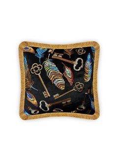 Buy Velvet Feather And Key Embroidery Modern Style Cushion Cover Black 45x45cm in UAE