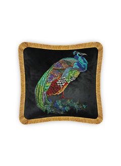 Buy Velvet Exotic Peacock Embroidery Vintage Style Cushion Cover Black 45x45cm in UAE