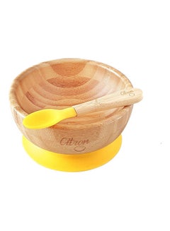 Buy Bamboo Bowl Suction + Spoon - Yellow in UAE