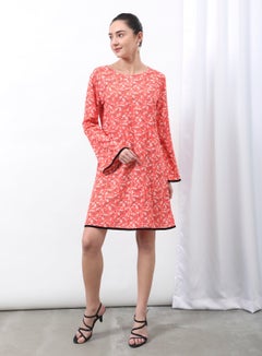 Buy Round Neck Printed Dress Orange in Saudi Arabia