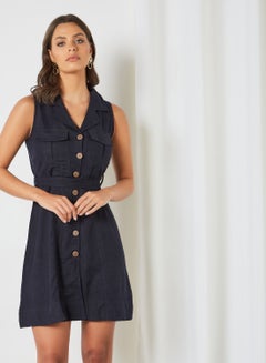 Buy Belted Sleeveless Dress Navy in Saudi Arabia