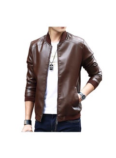 Buy Men's Slim Fit PU Leather Jackets Zipper Brown in Saudi Arabia