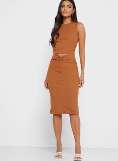 Buy Front Twist Detail Midi Skirt Brown in UAE