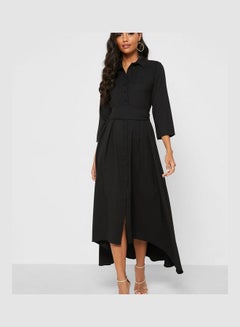 اشتري فستان طويل بحزام ناعم وأزرار ممتدة إلى الأسفل أسود في السعودية