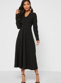 Buy Placket Detail Midi Dress Black in UAE