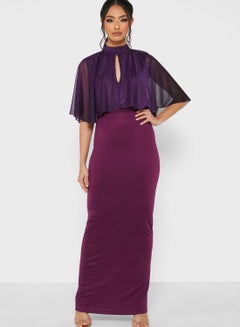 Buy Shimmer Cape Belted Maxi  Dress Purple in UAE