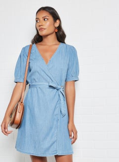 Buy Wrap Dress Light Blue Denim in Saudi Arabia