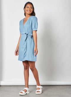 Buy Wrap Dress Medium Blue Denim in Saudi Arabia