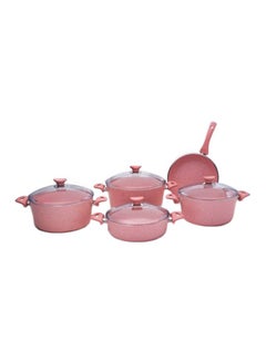 Buy 9-Piece  Granite Coated Cookware Set Rose Pink/Clear Deep Pots 26 Cm, 28 Cm, 30 Cm, Flat Pot 26 Cm, Frypan 26cm in UAE