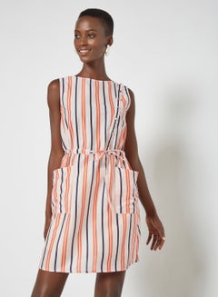 Buy Striped Pattern Round Neck Dress Peach in Saudi Arabia