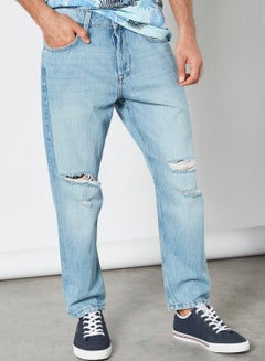 Buy Ripped Straight Fit Jeans Blue in Saudi Arabia