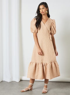 Buy Textured Wrap Dress Beige in UAE