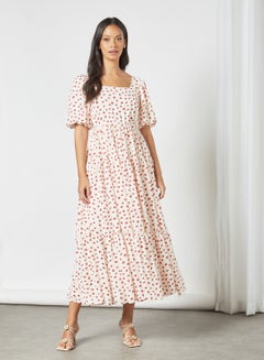اشتري فستان بتصميم مقسم مزين بنقش الزهور متوسط الطول Off-White في الامارات