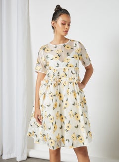 Buy Floral Flare Hem Dress Ivory in Saudi Arabia