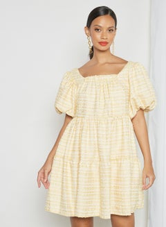 Buy Puff Sleeve Tweed Mini Dress Yellow in UAE